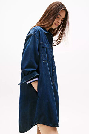 Kadın Rahat Kesim Çift Cepli Kot Gömlek Elbise - Lacivert | S