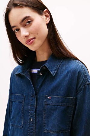 Kadın Rahat Kesim Çift Cepli Kot Gömlek Elbise - Lacivert | S