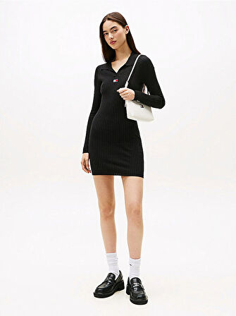 Tommy Hilfiger TJW Yakalı Armalı Kadın Siyah Elbise DW0DW22183BDS