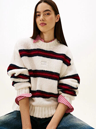 Tommy Hilfiger TJW Armalı Çizgili Yumuşak Kadın Beyaz Kazak DW0DW21679YBH
