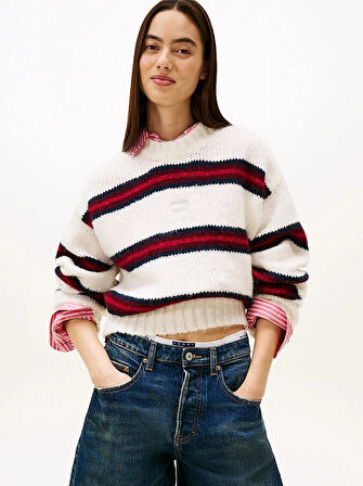 Tommy Hilfiger TJW Armalı Çizgili Yumuşak Kadın Beyaz Kazak DW0DW21679YBH