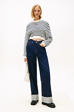 Kadın Boxy Fit Yün Karışımlı Düşük Omuzlu Crop Kazak - Kırık Beyaz/Lacivert | XS