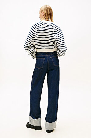 Kadın Boxy Fit Yün Karışımlı Düşük Omuzlu Crop Kazak - Kırık Beyaz/Lacivert | XS