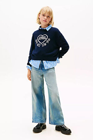 Kız Çocuk Rahat Kalıp Kalp Desenli Triko Kazak - Lacivert | 8 Yaş