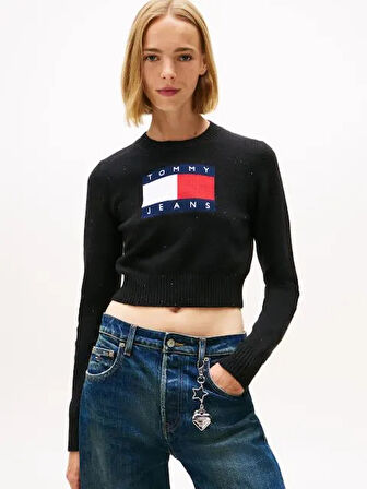 Tommy Hilfiger TJW Işıltılı Bayrak Desenli Kadın Siyah Kazak DW0DW21690BDS