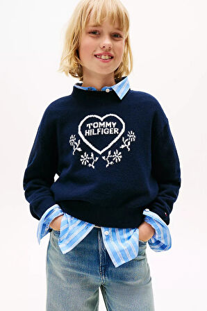 Kız Çocuk Rahat Kalıp Kalp Desenli Triko Kazak - Lacivert | 14 Yaş