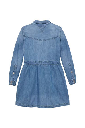 Kız Çocuk Beli Lastikli Gömlek Yaka Denim Elbise - Mavi | 14 Yaş