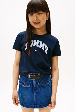 Kız Çocuk Saten Aplikeli Kolej Stili T-Shirt - Lacivert | 10 Yaş