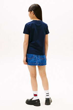 Kız Çocuk Saten Aplikeli Kolej Stili T-Shirt - Lacivert | 10 Yaş