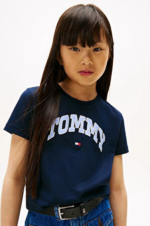 Kız Çocuk Saten Aplikeli Kolej Stili T-Shirt - Lacivert | 10 Yaş