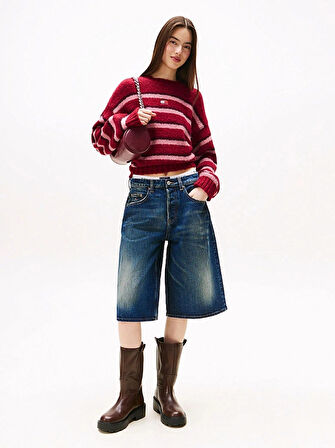 Tommy Hilfiger TJW Armalı Çizgili Yumuşak Kadın Kırmızı Kazak DW0DW21679XJP