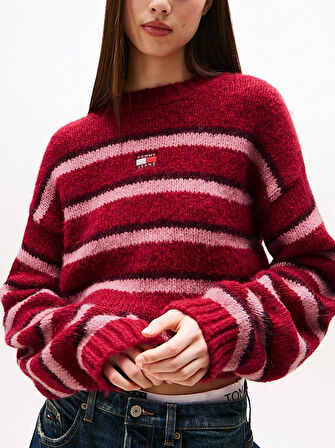 Tommy Hilfiger TJW Armalı Çizgili Yumuşak Kadın Kırmızı Kazak DW0DW21679XJP