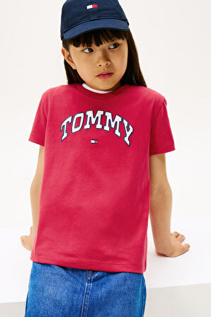 Kız Çocuk Saten Aplikeli Kolej Stili T-Shirt - Kırmızı | 10 Yaş