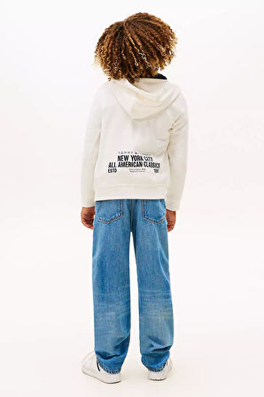 Erkek Çocuk Yazı Baskılı Kapüşonlu Fermuarlı Sweatshirt - Kırık Beyaz | 10 Yaş