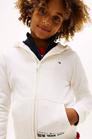 Erkek Çocuk Yazı Baskılı Kapüşonlu Fermuarlı Sweatshirt - Kırık Beyaz | 10 Yaş