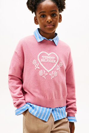 Kız Çocuk Rahat Kalıp Kalp Desenli Triko Kazak - Pembe | 8 Yaş