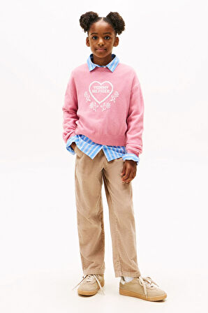 Kız Çocuk Rahat Kalıp Kalp Desenli Triko Kazak - Pembe | 8 Yaş