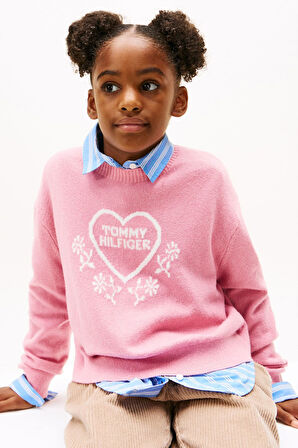 Kız Çocuk Rahat Kalıp Kalp Desenli Triko Kazak - Pembe | 10 Yaş