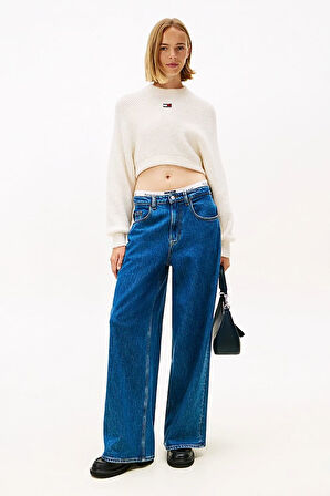 Kadın Boxy Fit Yün Karışımlı Düşük Omuzlu Crop Kazak - Kırık Beyaz | M