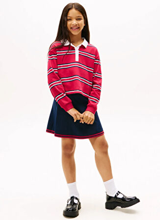 Tommy Hilfiger Lastikli Bel Regular Fit Lacivert Çizgili Diz Üstü Kız Çocuk Etek KG0KG08913C1G