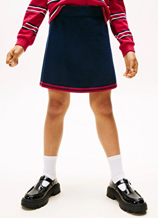 Tommy Hilfiger Lastikli Bel Regular Fit Lacivert Çizgili Diz Üstü Kız Çocuk Etek KG0KG08913C1G