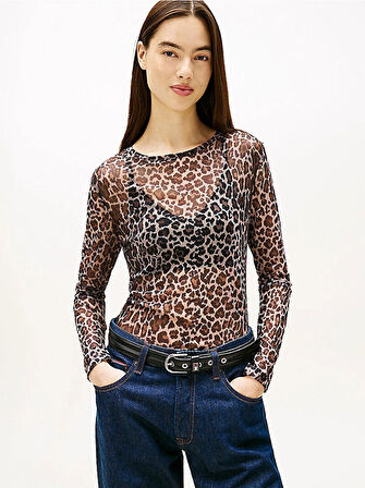 Tommy Hilfiger TJW Dar Kesim Tamamı Baskılı File Uzun Kollu Kadın Kahverengi T-shirt DW0DW215580HD