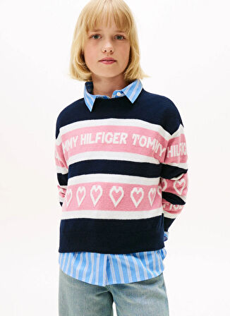 Tommy Hilfiger Bisiklet Yaka Regular Fit Desenli Lacivert Kız Çocuk Kazak KG0KG08837C1G