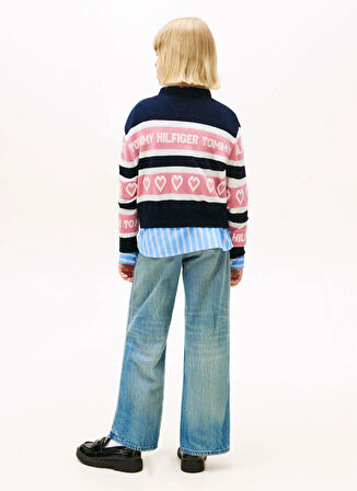 Tommy Hilfiger Bisiklet Yaka Regular Fit Desenli Lacivert Kız Çocuk Kazak KG0KG08837C1G