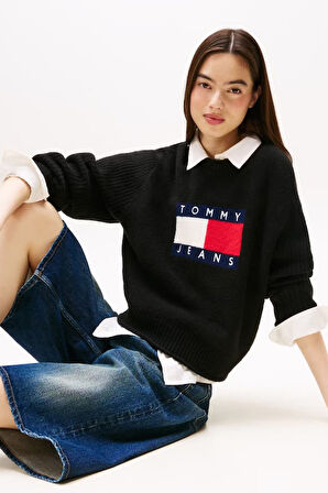 Kadın Regular Fit Grafik Logolu Triko Kazak - Siyah | XL