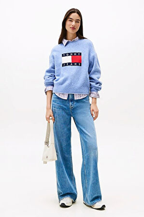 Kadın Relaxed Fit Grafik Logolu Triko Kazak - Mavi | S