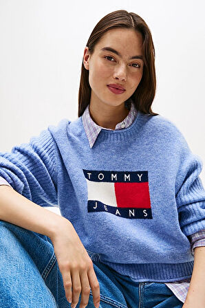 Kadın Relaxed Fit Grafik Logolu Triko Kazak - Mavi | S