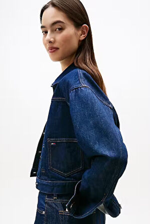 Kadın Regular Fit Pileli Kısa Kot Ceket - Lacivert | L