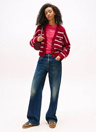 Tommy Jeans Standart Çizgili Kırmızı Kazak Kadın DW0DW21678XJP