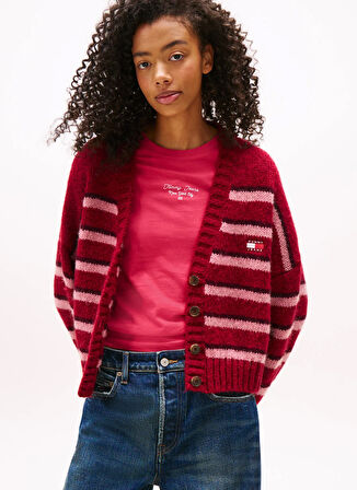 Tommy Jeans Standart Çizgili Kırmızı Kazak Kadın DW0DW21678XJP