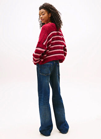 Tommy Jeans Standart Çizgili Kırmızı Kazak Kadın DW0DW21678XJP