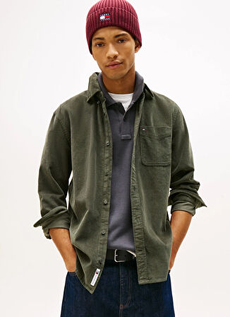 Tommy Jeans Regular Fit Haki Düz Erkek Gömlek DM0DM22021MRH TJM REG BABY CORD SHI