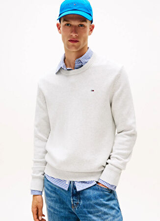 Tommy Jeans Bisiklet Yaka Düz Açık Gri Erkek Kazak DM0DM21787P09 TJM SLIM ESS SWEATER