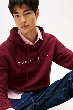 Erkek TJM Regular Linear Logo Kapüşonlu Sweatshirt -  Bordo | S