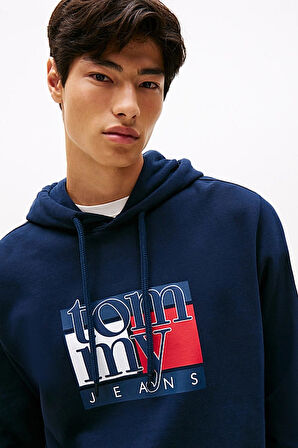 Erkek Logo Baskılı Kapüşonlu Sweatshirt – Lacivert | XS