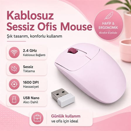 Philips SPK7398P 1600 DPI Sessiz Tıklama Pembe Kablosuz Ofis Mouse