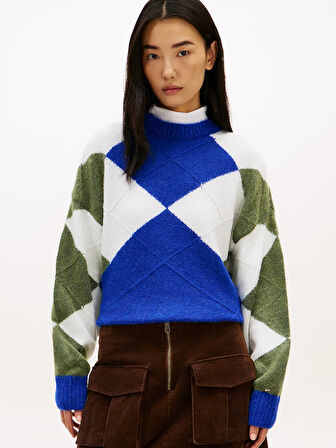 Tommy Hilfiger Alpaka Karışımlı Baklava Desenli Bisiklet Yaka Uzun Kollu Kadın Mavi Kazak WW0WW474640ZU