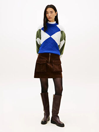 Tommy Hilfiger Alpaka Karışımlı Baklava Desenli Bisiklet Yaka Uzun Kollu Kadın Mavi Kazak WW0WW474640ZU