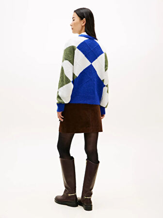 Tommy Hilfiger Alpaka Karışımlı Baklava Desenli Bisiklet Yaka Uzun Kollu Kadın Mavi Kazak WW0WW474640ZU