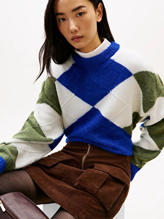 Tommy Hilfiger Alpaka Karışımlı Baklava Desenli Bisiklet Yaka Uzun Kollu Kadın Mavi Kazak WW0WW474640ZU