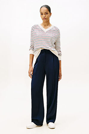 Kadın Wool Cash Regular Fit V-Yaka Saç Örgülü Çizgili Kazak - Kırık Beyaz/Çok Renkli | S