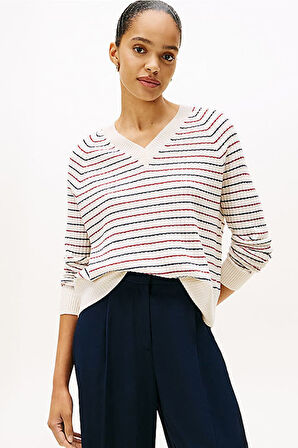 Kadın Wool Cash Regular Fit V-Yaka Saç Örgülü Çizgili Kazak - Kırık Beyaz/Çok Renkli | M