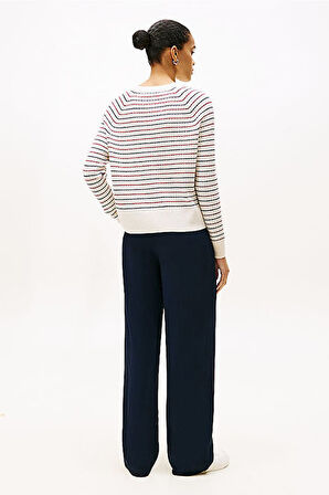 Kadın Wool Cash Regular Fit V-Yaka Saç Örgülü Çizgili Kazak - Kırık Beyaz/Çok Renkli | M