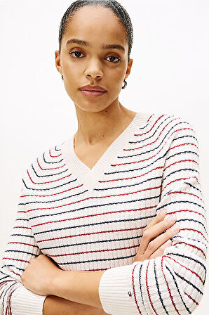 Kadın Wool Cash Regular Fit V-Yaka Saç Örgülü Çizgili Kazak - Kırık Beyaz/Çok Renkli | M