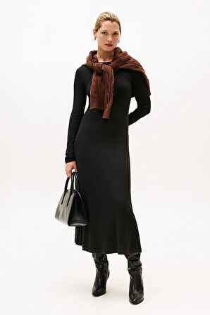 Kadın Dar Kesim Fitilli Eteği Çan Midi Elbise - Siyah | S