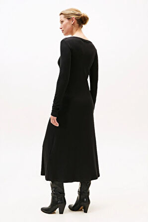 Kadın Dar Kesim Fitilli Eteği Çan Midi Elbise - Siyah | S